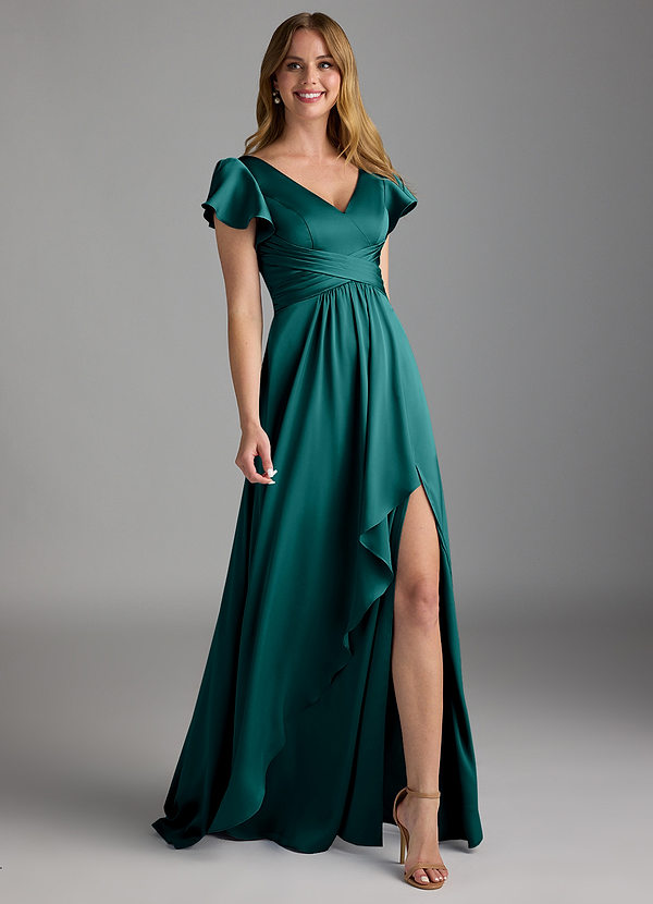 Azazie Omari Bridesmaid Dresses Peacock A-Line Stretch Satin Dress image1