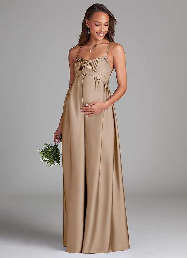 Azazie Llana Maternity Bridesmaid Dresses A-Line Stretch Satin Floor-Length Dress with Pockets image1