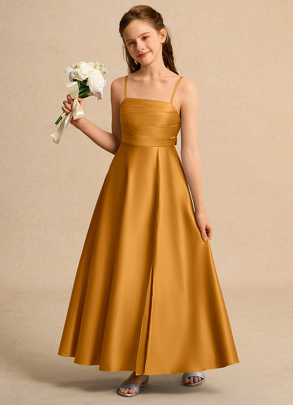 Azazie Pebbles Junior Formal Flower Girl Dresses Butterscotch A-Line Pleated Matte Satin Dress image1