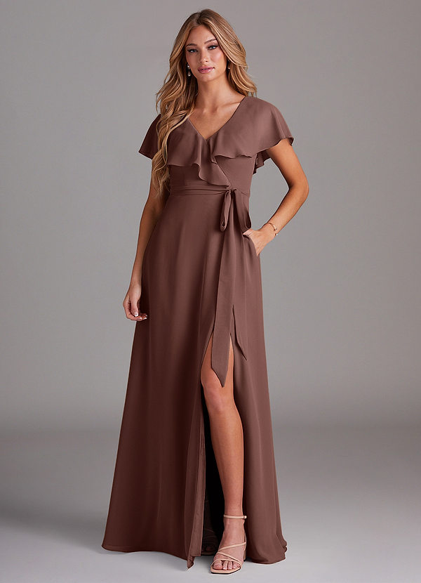 Azazie Lainey Bridesmaid Dresses Espresso A-Line with Pockets Chiffon Dress image1