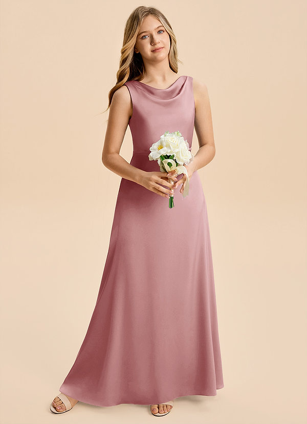 Azazie Kiki Junior Vestido Rosa Polvorienta de Satén Elástico de Corte en A con Lazo image1
