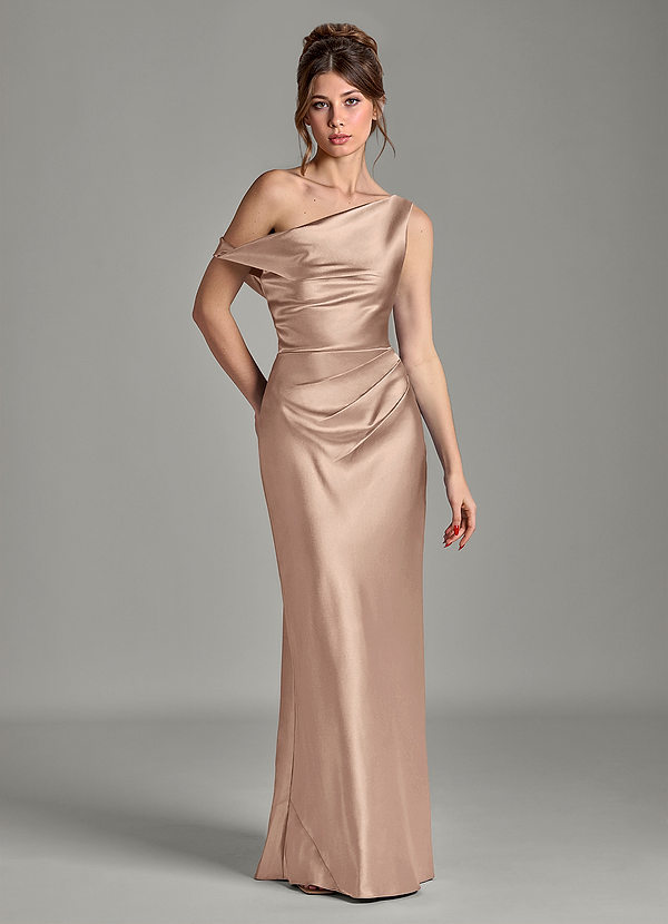 Azazie Emerson Bridesmaid Dresses Taupe Mermaid Off the Shoulder Metallic Satin Dress image1