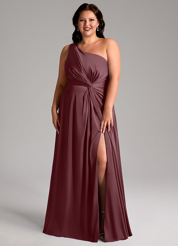 Azazie Brooke Bridesmaid Dresses Sangria A-Line One Shoulder Stretch Satin Dress image1