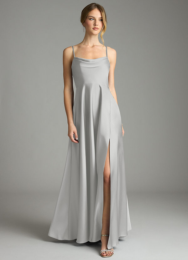 Azazie Elle Bridesmaid Dresses Silver A-Line Pleated Stretch Satin Dress image1