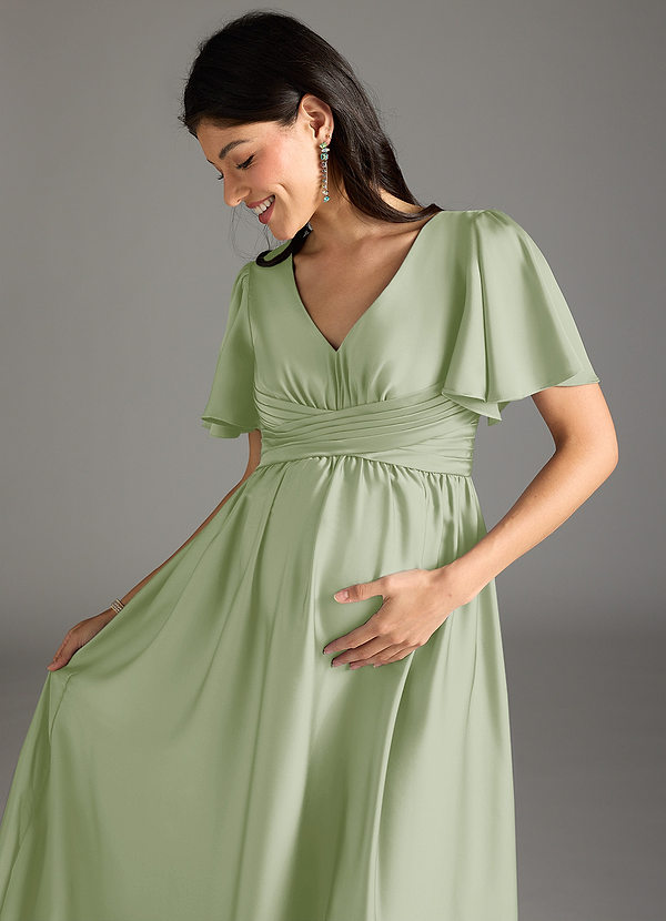 Azazie Verna Maternity Bridesmaid Dresses A-Line Ruched Stretch Satin Floor-Length Dress image1
