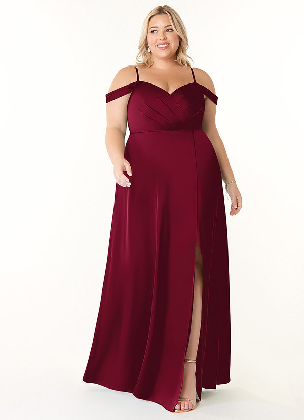Azazie Ocean Bridesmaid Dresses Burgundy A-Line V-Neck Pleated Stretch Satin Dress image1