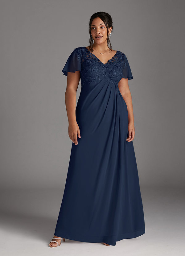 Azazie Holga Mother of the Brides Dresses Dark Navy A-Line V-Neck Lace Chiffon Dress image1