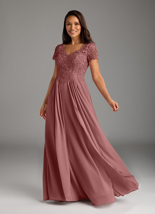 Azazie Dunja Brautmutterkleider A-Linie V-Hals Spitze Chiffon Kleid Wüstenrose image1