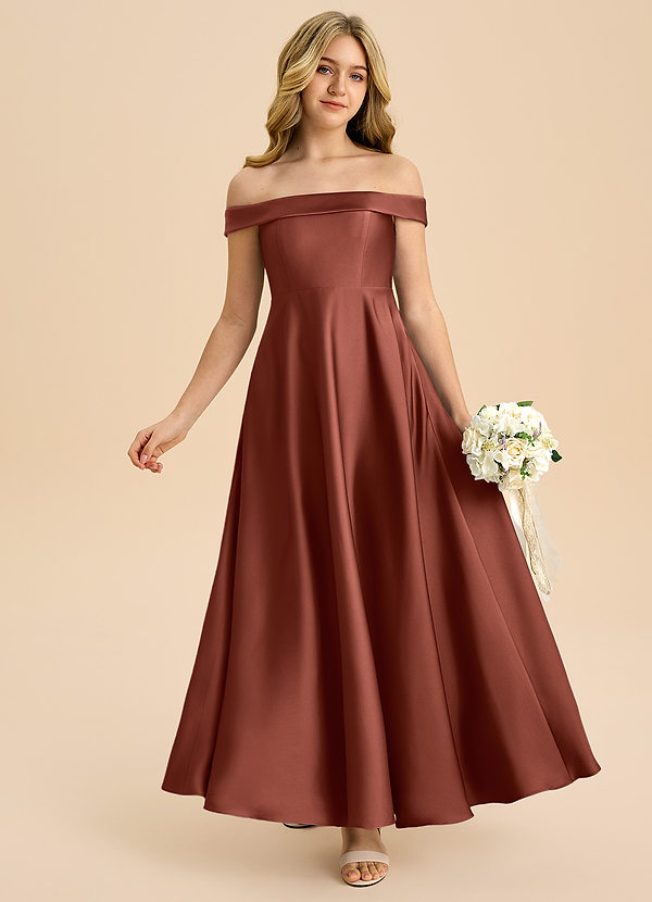 Azazie Sissy Junior Abito A-Line in Raso Elasticizzato a Spalla Scoperta Auburn image1