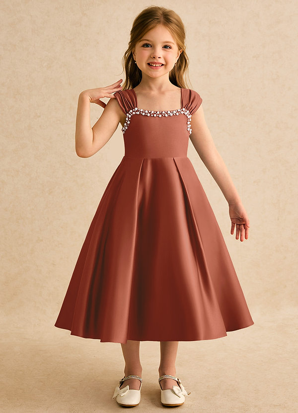 Azazie Yosemite Flower Girl Dresses Auburn Ball-Gown Sweetheart Neckline Matte Satin Dress image1