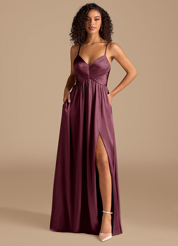 Azazie Alia Bridesmaid Dresses Cabernet A-Line Pleated Metallic Satin Dress image1