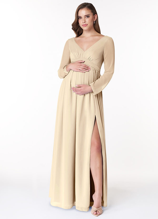 Azazie Teton Maternity Bridesmaid Dresses A-Line Long Sleeve Chiffon Floor-Length Dress image1