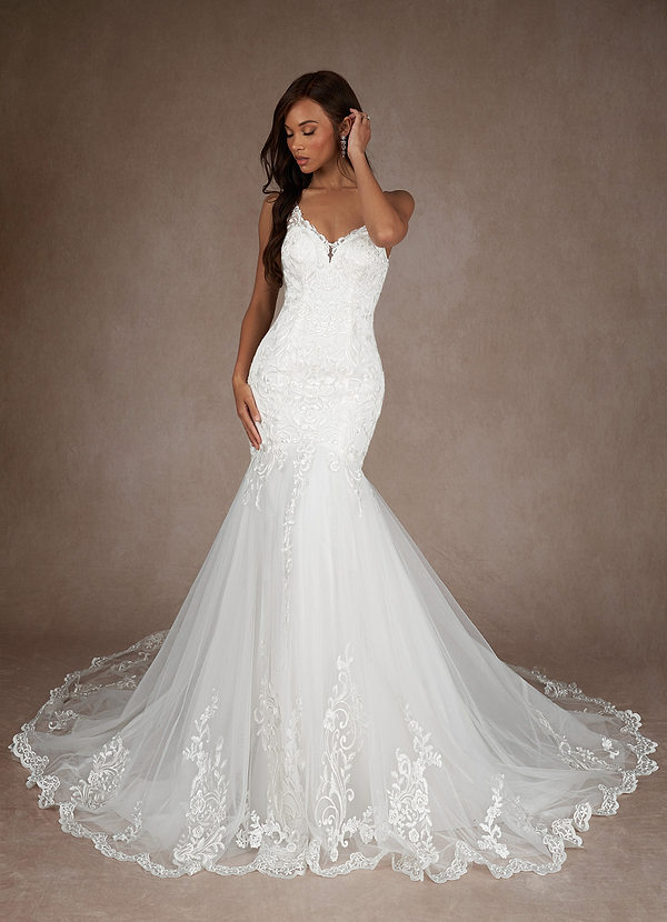 Azazie Diva Wedding Dresses Diamond White Mermaid V-Neck Sequins Tulle Dress image1