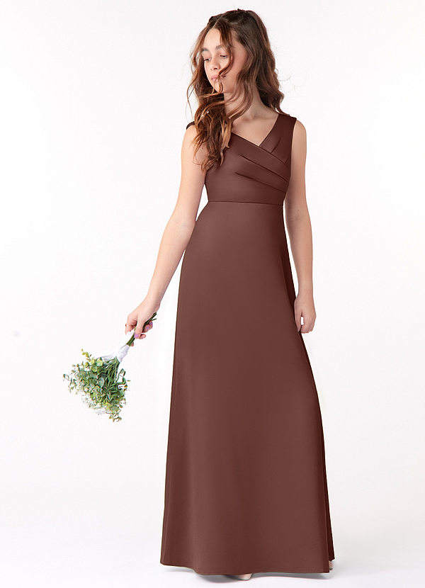 Azazie Sadia Junior Espresso A-Line Pleated Stretch Satin Dress image1