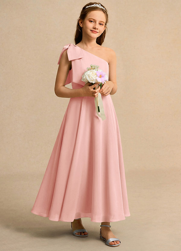 Azazie Guppy Junior Formal Vestidos de Niña de Flores Vestido de Rosetón de Gasa de Corte En A con Hombro unilateral image1