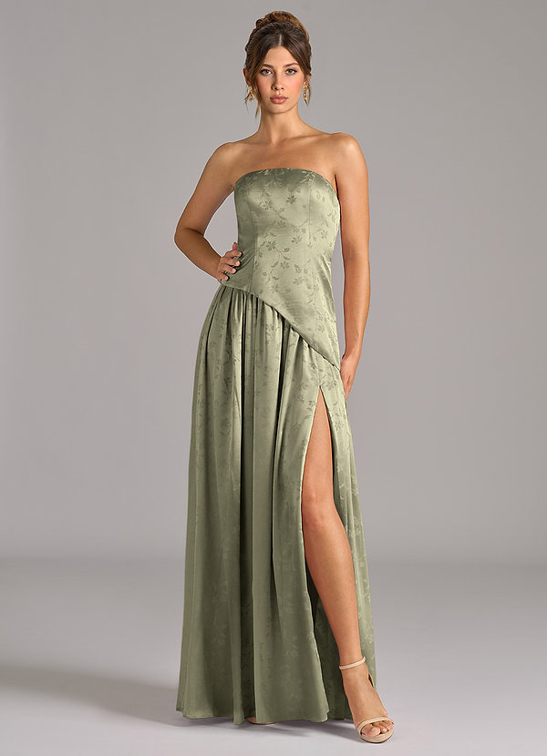 Azazie Adeline Bridesmaid Dresses Olive Floral Jacquard A-Line Strapless Floral Jacquard Dress image1