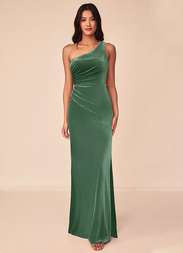 Azazie Argan Robes Demoiselle d'honneur Robe Sirène en velours Plissé asymétrique Eucalyptus image1