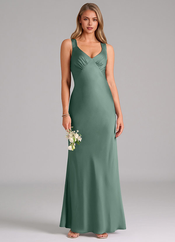 Azazie Kamila Bridesmaid Dresses Eucalyptus A-Line Pleated Stretch Satin Dress image1