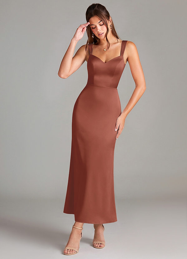 Azazie Denice Bridesmaid Dresses Auburn Sheath Pleated Stretch Satin Dress image1
