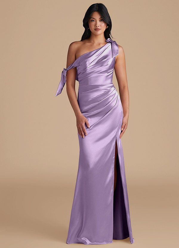 Azazie Xyla Bridesmaid Dresses Lilac Sheath Off the Shoulder Metallic Satin Convertible Dress image1