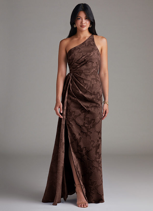 Azazie Mika Bridesmaid Dresses Ganache Sheath One Shoulder Floral Burnout Dress image1
