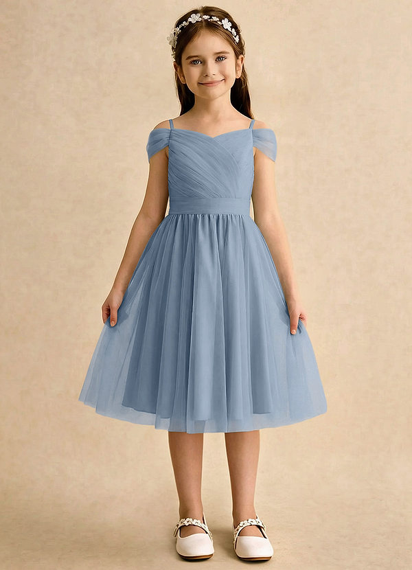 Azazie Lila Girls Formal Sukienki dla dziewczynek sypiących kwiaty Linia A Zza ramienia Tiul Długość do kolan Sukienka image1