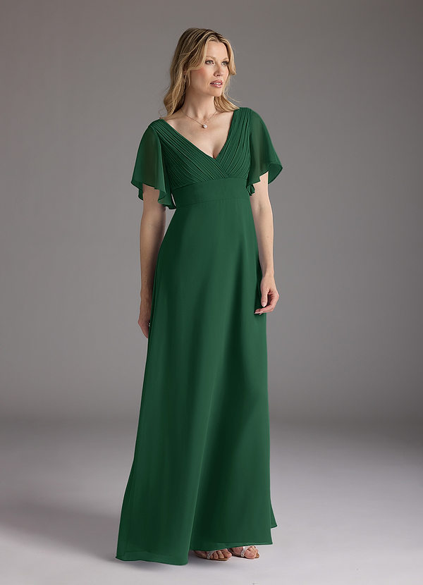 Azazie Alessa Mother of the Brides Dresses Dark Green A-Line V-Neck Pleated Chiffon Dress image1