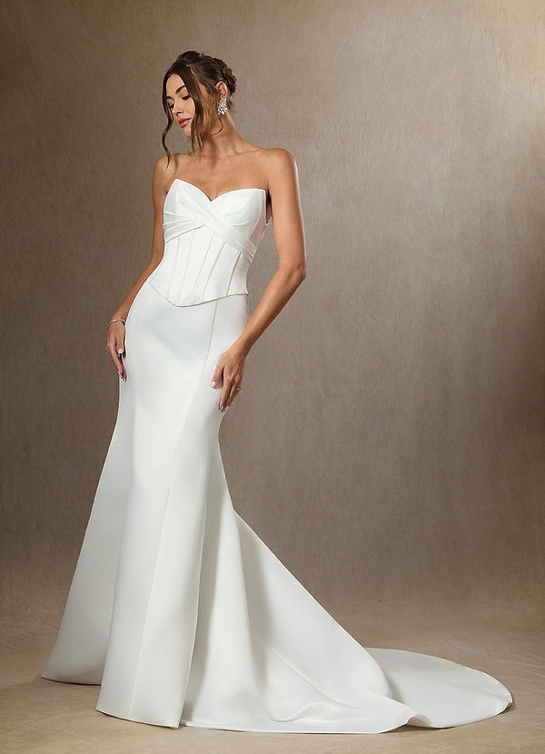 Azazie Carryn Wedding Dresses Diamond White Mermaid Strapless Satin Dress image1