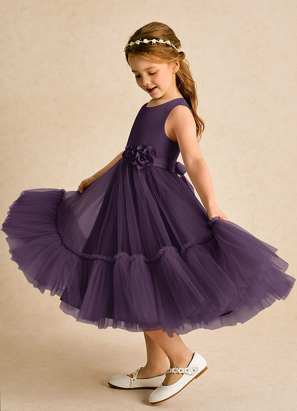 Azazie Miracle Flower Girl Dresses Plum A-Line Bow Matte Satin Dress image1