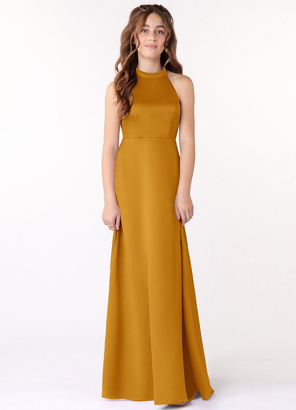 Azazie Laurel Junior Butterscotch A-Line Stretch Satin Dress image1