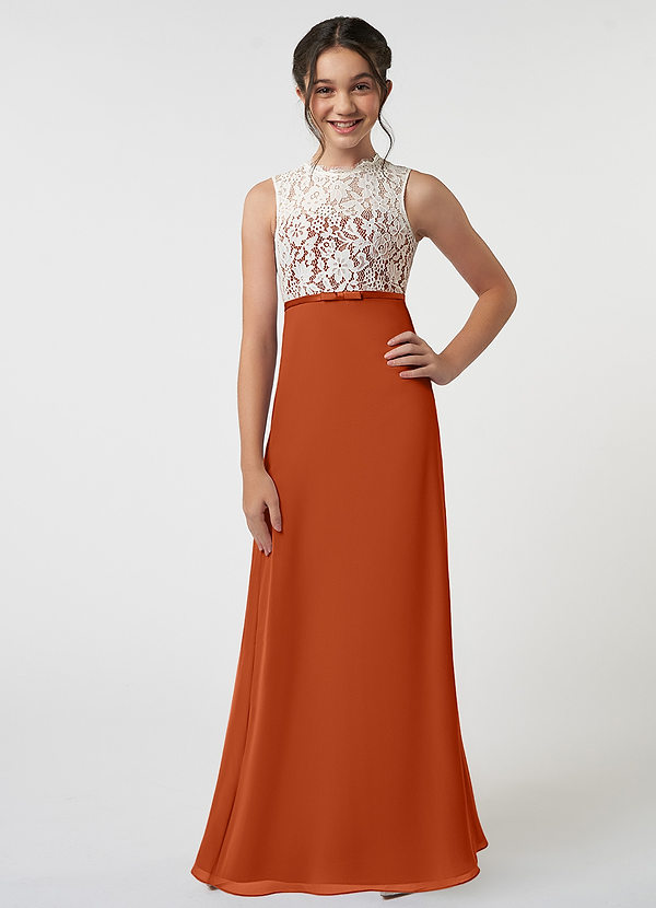 Azazie Rana Junior A-Linie Spitze Chiffon Kleid Gebranntes Orange image1