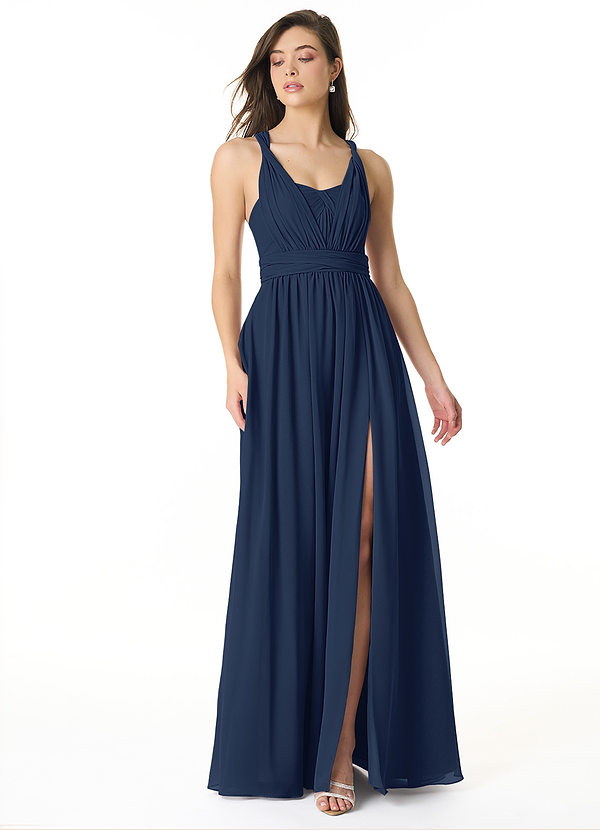Azazie Olani Bridesmaid Dresses Dark Navy A-Line Off the Shoulder Chiffon Convertible Dress image1