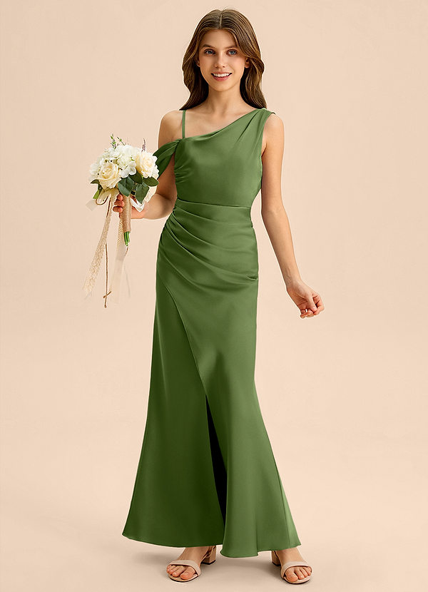 Azazie Madelyn Junior Juniper Sheath Off the Shoulder Stretch Satin Dress image1