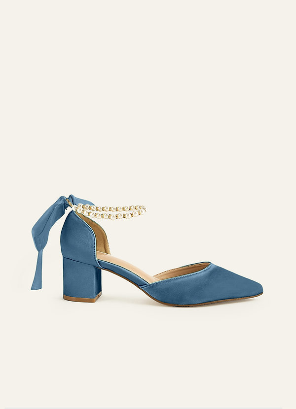 front Matching Color Matte Satin Pearl and Bow Pointed Toe Block Heels