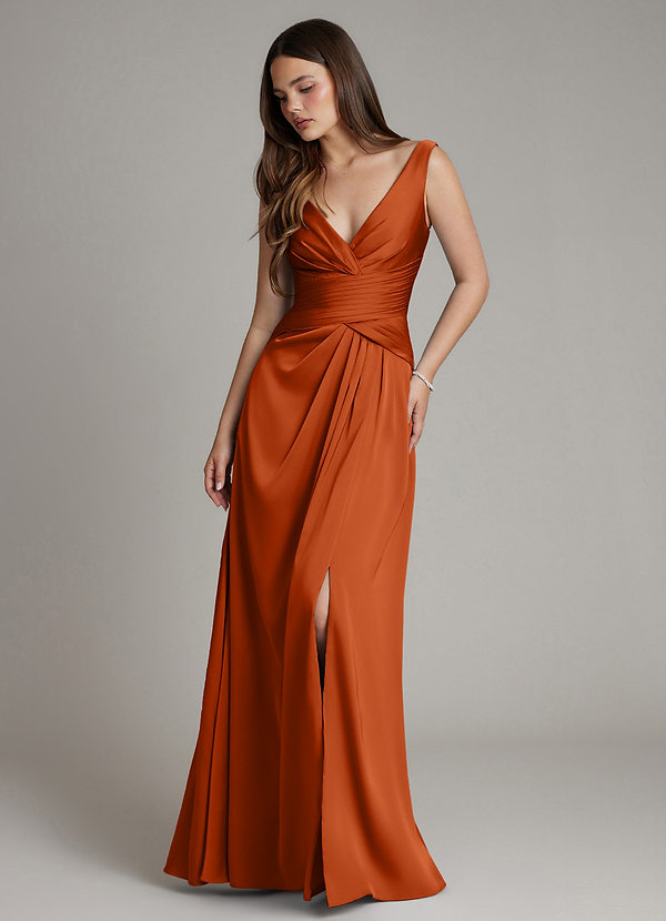Azazie Pauline Vestidos de dama de honor Vestido de Naranja Quemada de Satén Elástico de Línea A con Plisado image1