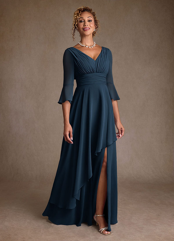 Eire Vestidos para la madre de la novia Vestido Azul Marino Oscuro de Gasa de Corte en A con Plisado image1