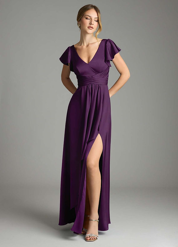 Azazie Omari Bridesmaid Dresses Grape A-Line Stretch Satin Dress image1