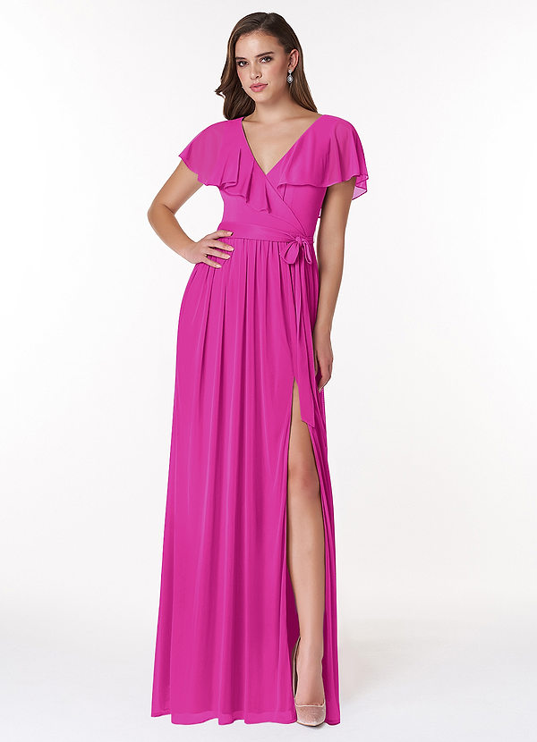 Azazie Jael Bridesmaid Dresses Fuchsia A-Line V-Neck Mesh Dress image1