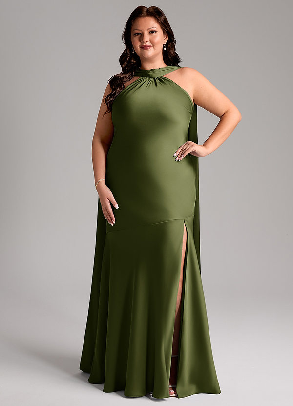 Azazie Kinsley Bruidsmeisjes Jurken Jurk van Stretch Satijn met Zeemeermin Zijsplit Olijf image1