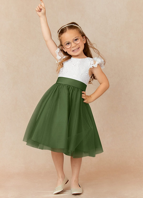 Azazie Vetty Flower Girl Dresses Ivory Olive A-Line Lace Tulle Dress image1