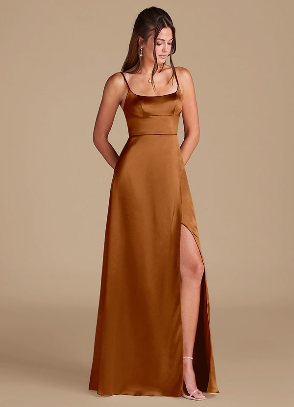Azazie Halsey Bridesmaid Dresses Copper A-Line Side Slit Metallic Satin Dress image1