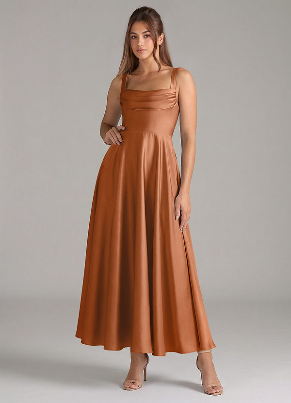 Azazie Shaude Brautjungfernkleider A-Linie Plissee Stretch-Satin Kleid Kupfer image1