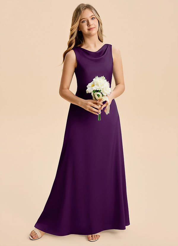 Azazie Kiki Junior Grape A-Line Bow Stretch Satin Dress image1