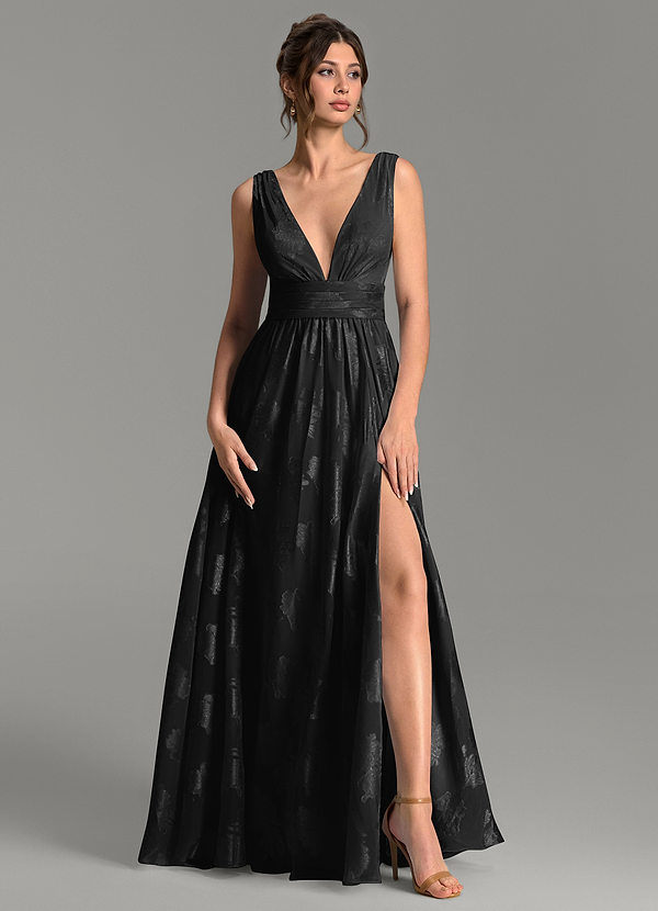 Vanessa Bridesmaid Dresses Black A-Line Pleated Floral Jacquard Burnout Dress image1