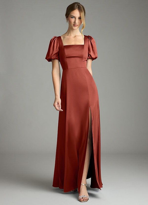 Azazie Fyona Bruidsmeisjes Jurken Jurk van Stretch Satijn met A-Lijn Geplooid Terracotta image1