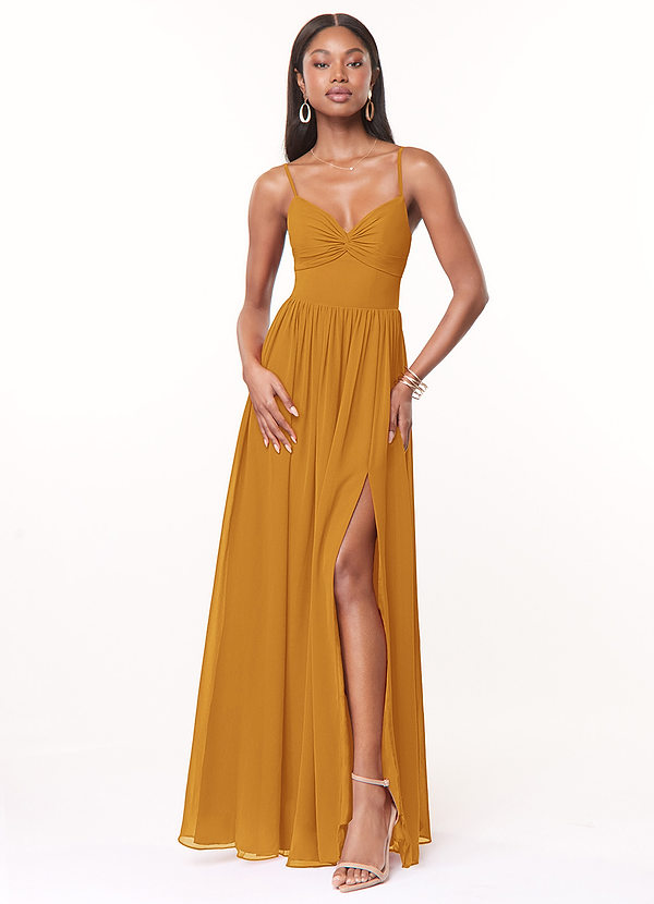Azazie Zeya Bridesmaid Dresses Butterscotch A-Line V-Neck Pleated Chiffon Dress image1