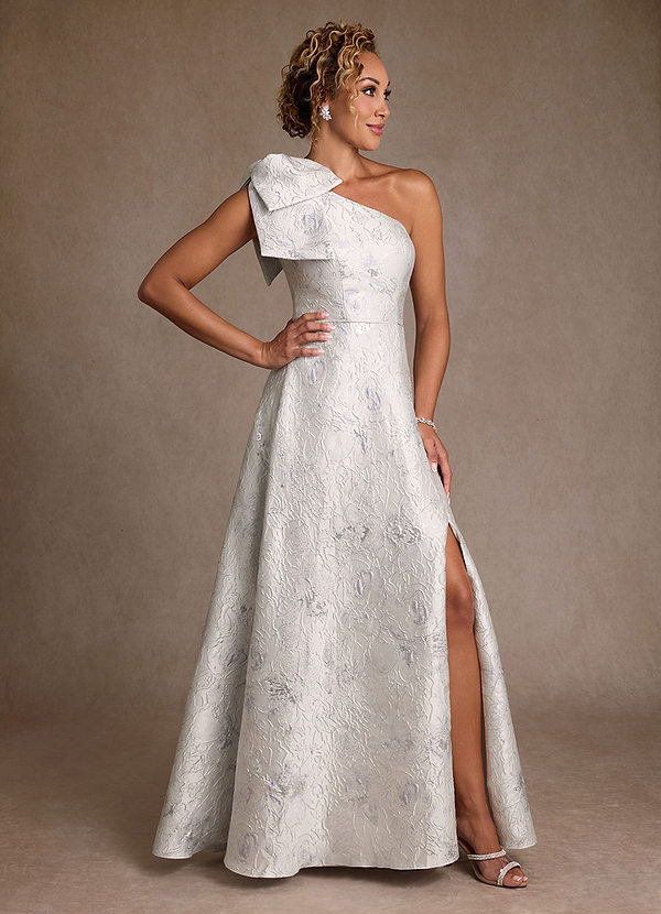 Azazie Margerie Mother of the Brides Dresses Silver Jacquard A-Line One Shoulder Floral Jacquard Dress image1