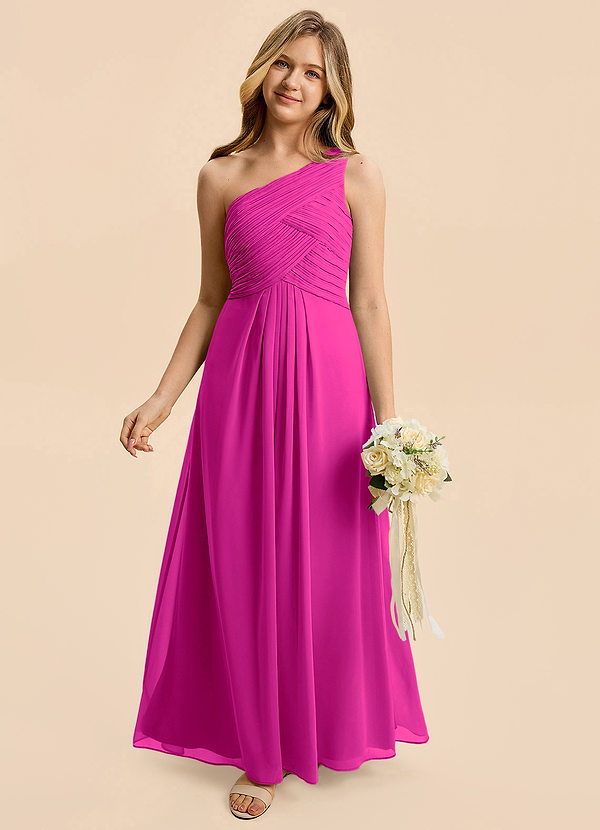 Azazie Emmie Junior Fuchsia A-Line Pleated Chiffon Dress image1