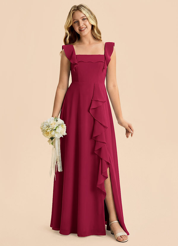 Azazie Nori Junior Burgundy A-Line Ruched Chiffon Dress image1