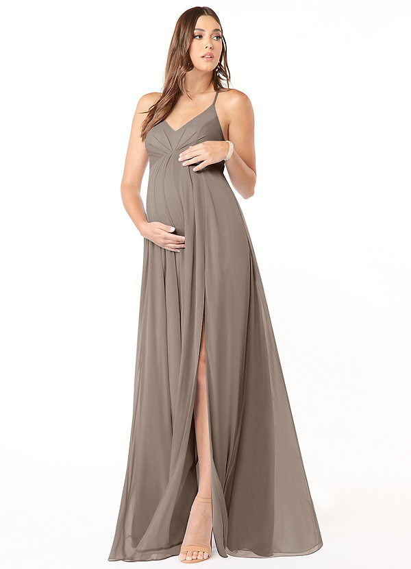 Azazie Annabelle Maternity Bridesmaid Dresses A-Line V-Neck Pleated Mesh Floor-Length Dress image1